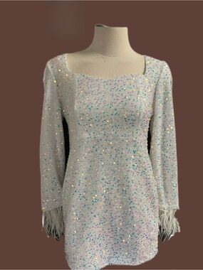 Iridescent Sequin Mini Dress with Feather Cuffs